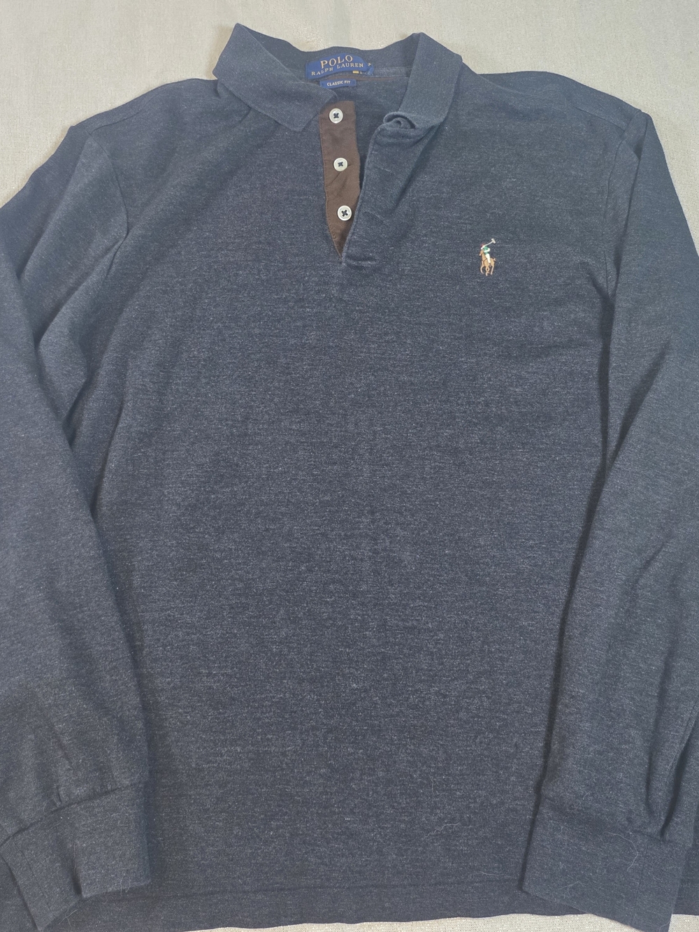 Ralph Lauren Navy Long-Sleeve Polo with Brown Placket Trim